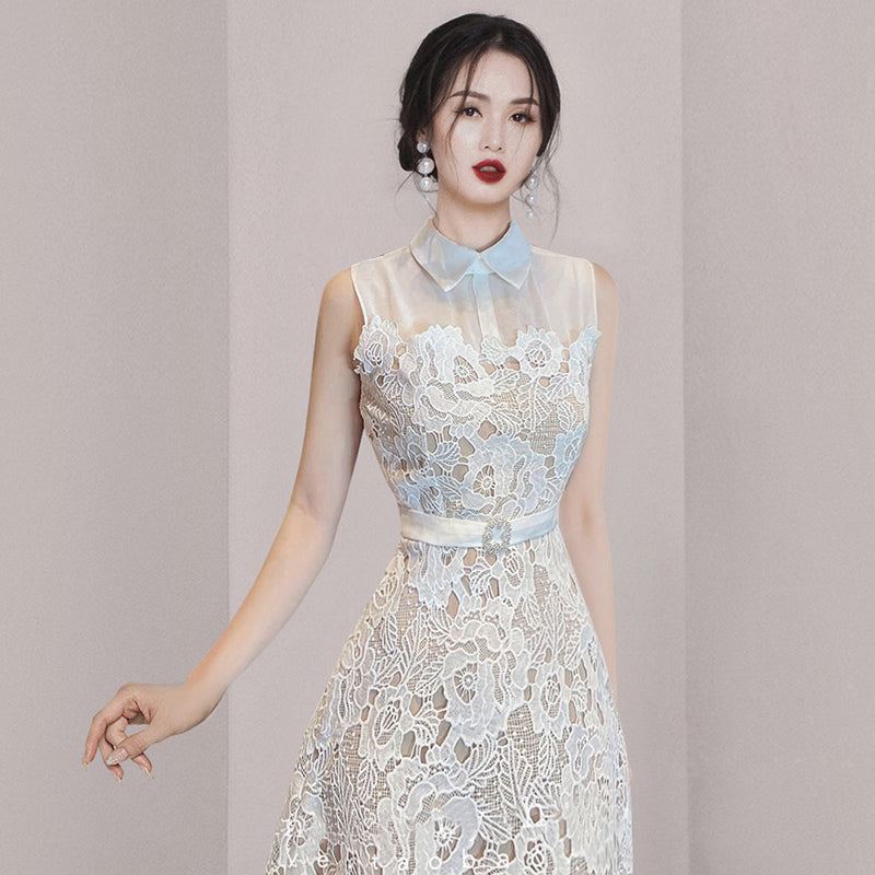 CM-DY070987 Women Elegant European Style Doll Collar Sleeveles Mid-Length Dress - White