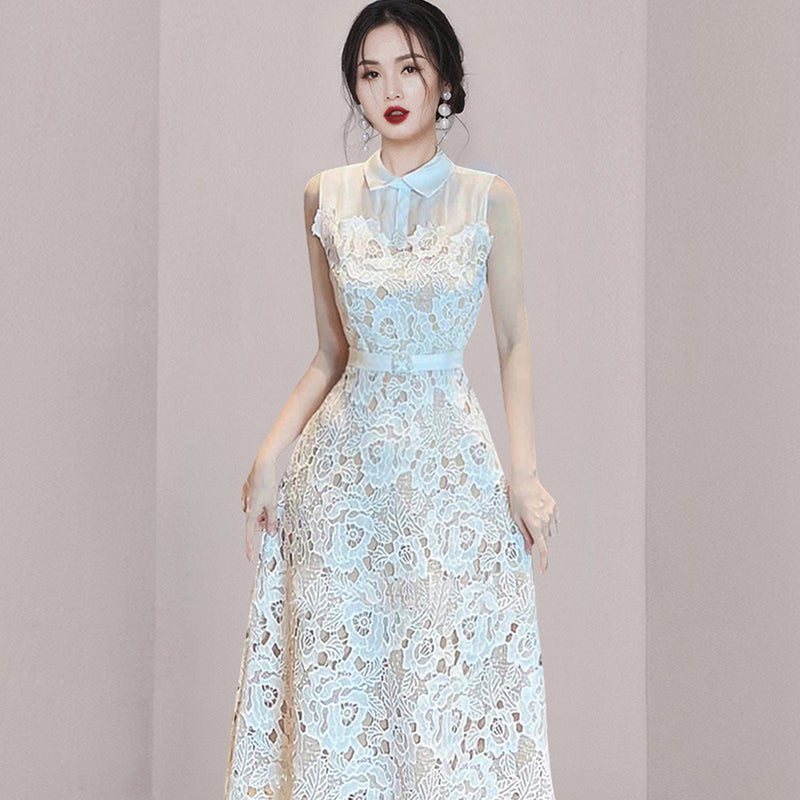 CM-DY070987 Women Elegant European Style Doll Collar Sleeveles Mid-Length Dress - White