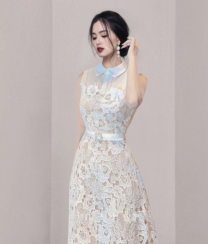 CM-DY070987 Women Elegant European Style Doll Collar Sleeveles Mid-Length Dress - White