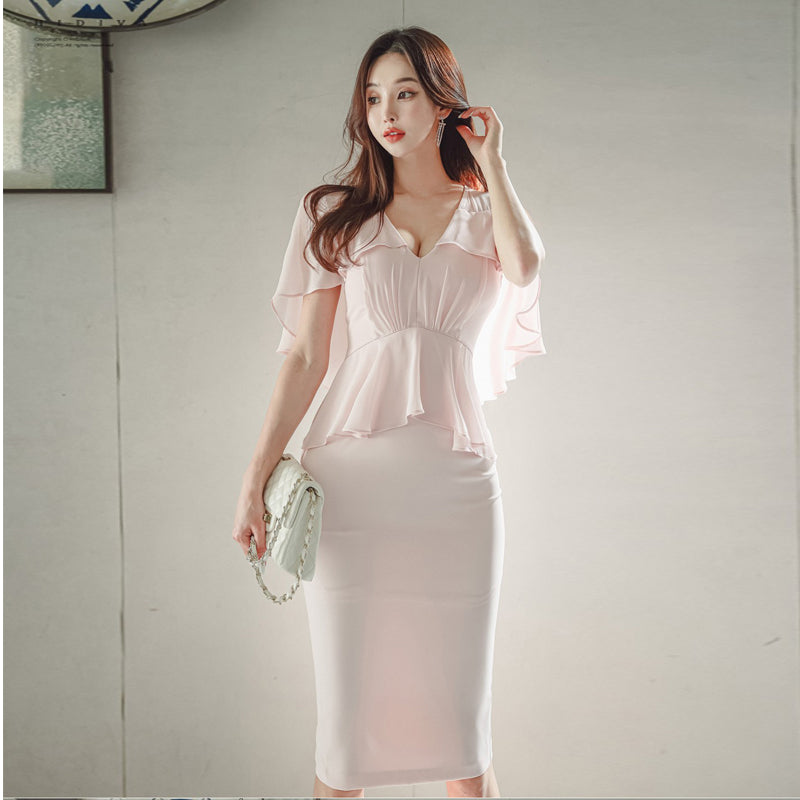 CM-DY071006 Women Elegant Seoul Style V-Neck High Waist Cloak Sleeve Dress
