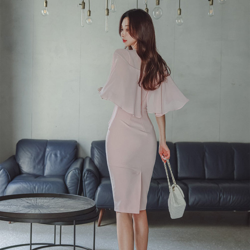 CM-DY071006 Women Elegant Seoul Style V-Neck High Waist Cloak Sleeve Dress