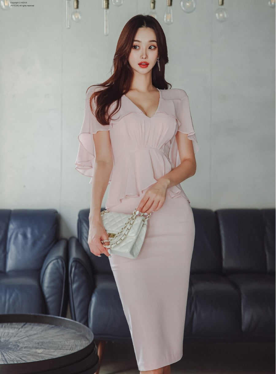 CM-DY071006 Women Elegant Seoul Style V-Neck High Waist Cloak Sleeve Dress