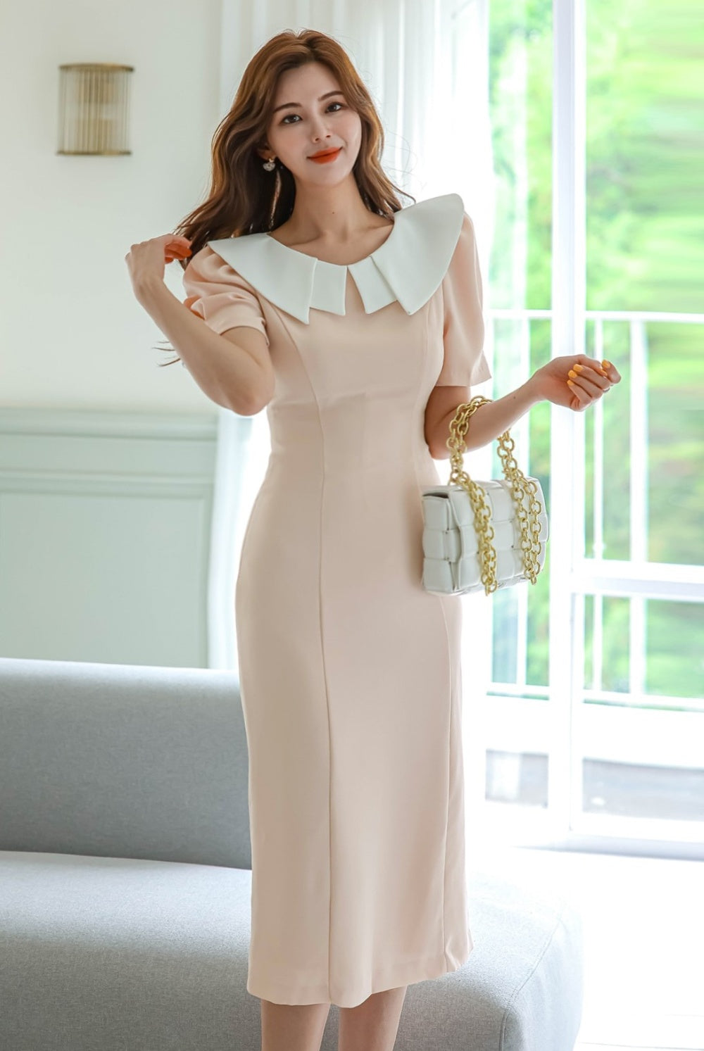 CM-DY071044 Women Retro Seoul Style Doll Collar Loose Pinched Waist Midi Dress