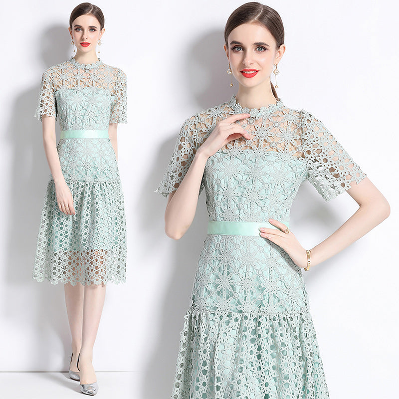 CM-DY071047 Women Elegant European Style Lace Embroidery Round Neck Short Sleeve Midi Dress