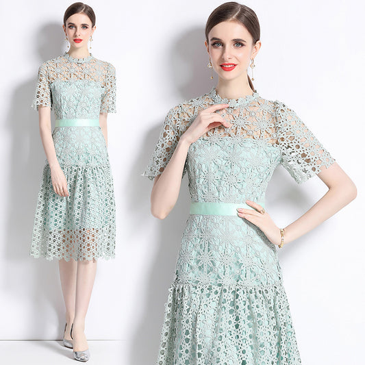 CM-DY071047 Women Elegant European Style Lace Embroidery Round Neck Short Sleeve Midi Dress