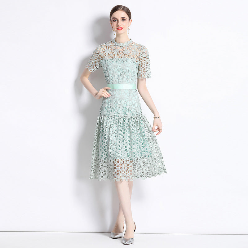 CM-DY071047 Women Elegant European Style Lace Embroidery Round Neck Short Sleeve Midi Dress
