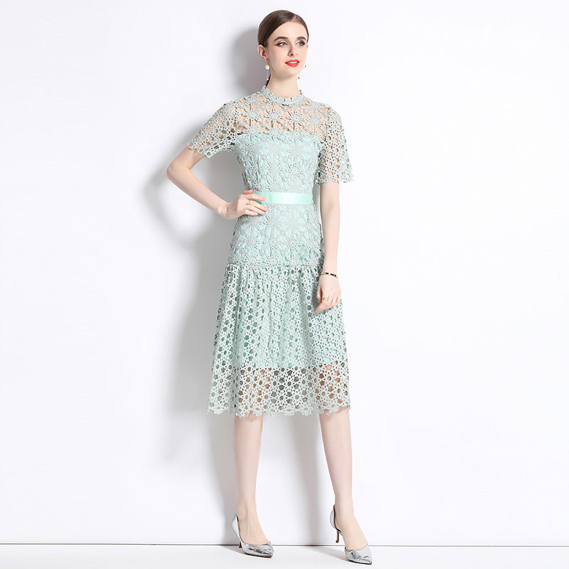 CM-DY071047 Women Elegant European Style Lace Embroidery Round Neck Short Sleeve Midi Dress