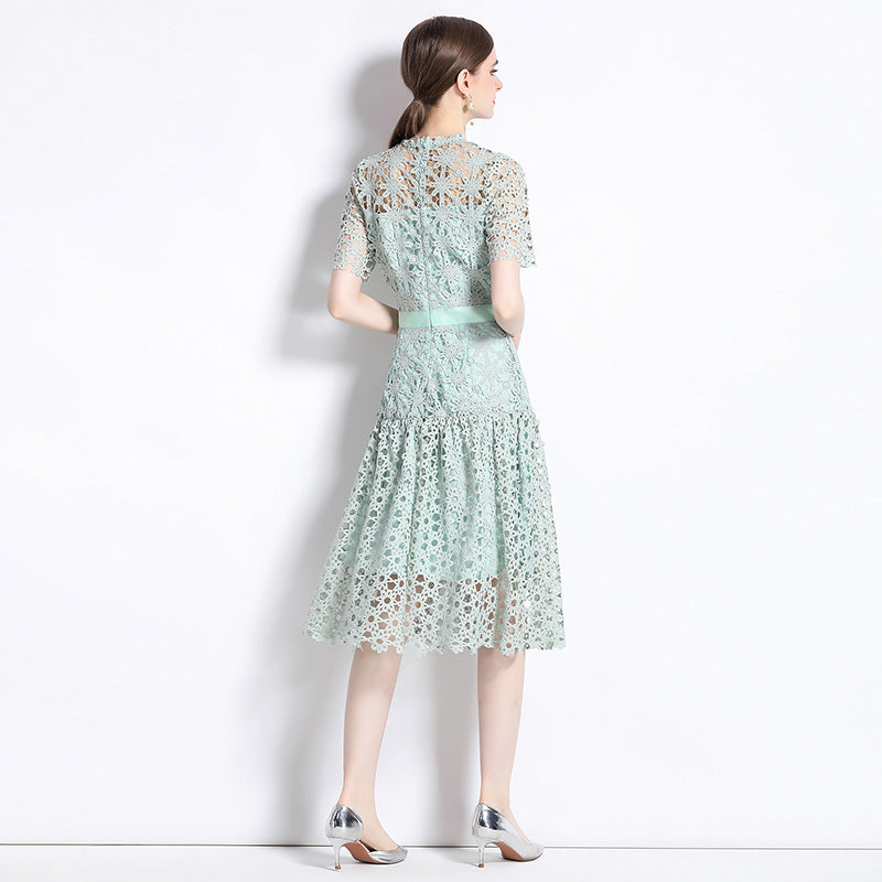 CM-DY071047 Women Elegant European Style Lace Embroidery Round Neck Short Sleeve Midi Dress