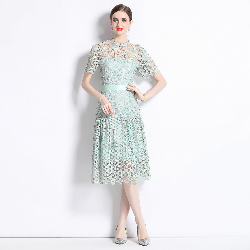 CM-DY071047 Women Elegant European Style Lace Embroidery Round Neck Short Sleeve Midi Dress