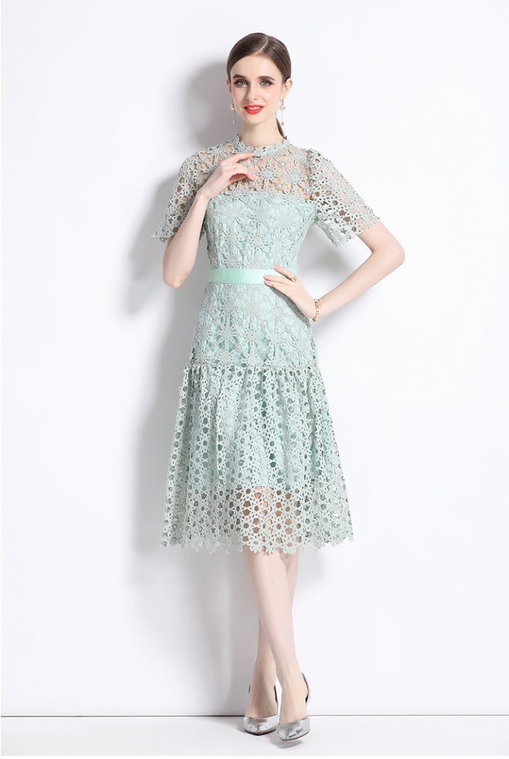 CM-DY071047 Women Elegant European Style Lace Embroidery Round Neck Short Sleeve Midi Dress