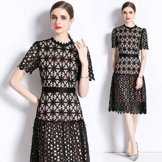 CM-DY071048 Women Elegant European Style Lace Embroidery Round Neck Short Sleeve Long Dress