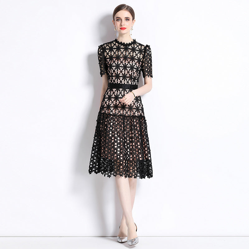 CM-DY071048 Women Elegant European Style Lace Embroidery Round Neck Short Sleeve Long Dress