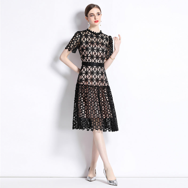CM-DY071048 Women Elegant European Style Lace Embroidery Round Neck Short Sleeve Long Dress