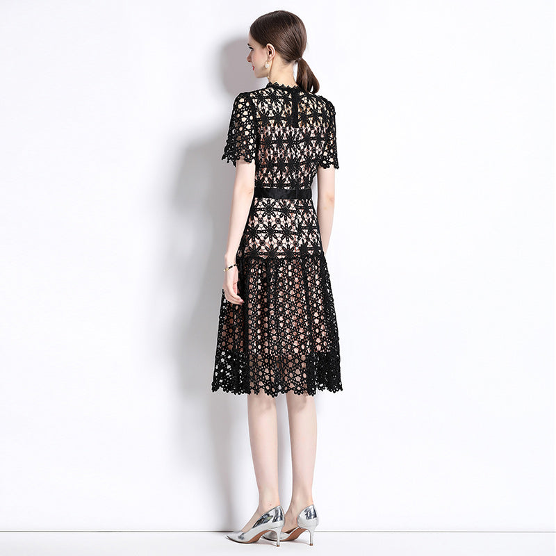 CM-DY071048 Women Elegant European Style Lace Embroidery Round Neck Short Sleeve Long Dress