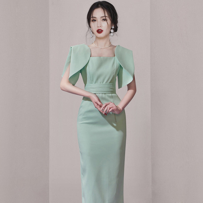 CM-DY071382 Women Elegant European Style Square Collar Lotus Sleeve Midi Dress