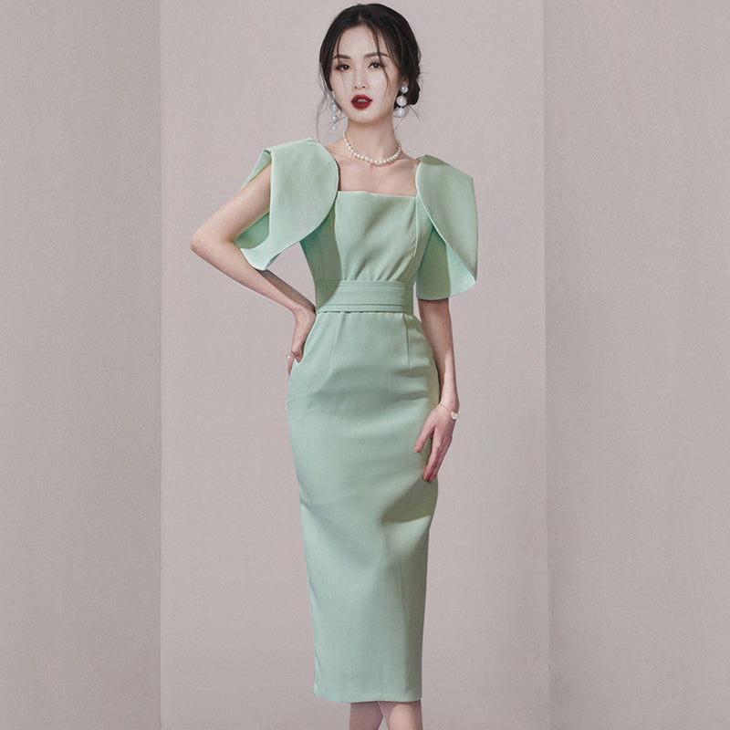 CM-DY071382 Women Elegant European Style Square Collar Lotus Sleeve Midi Dress