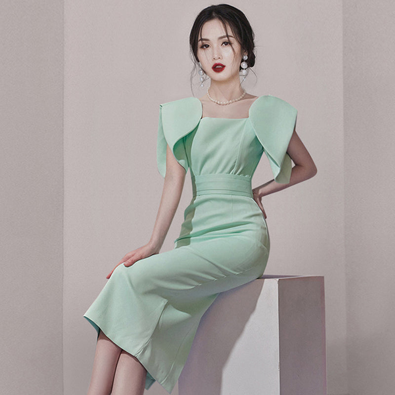 CM-DY071382 Women Elegant European Style Square Collar Lotus Sleeve Midi Dress