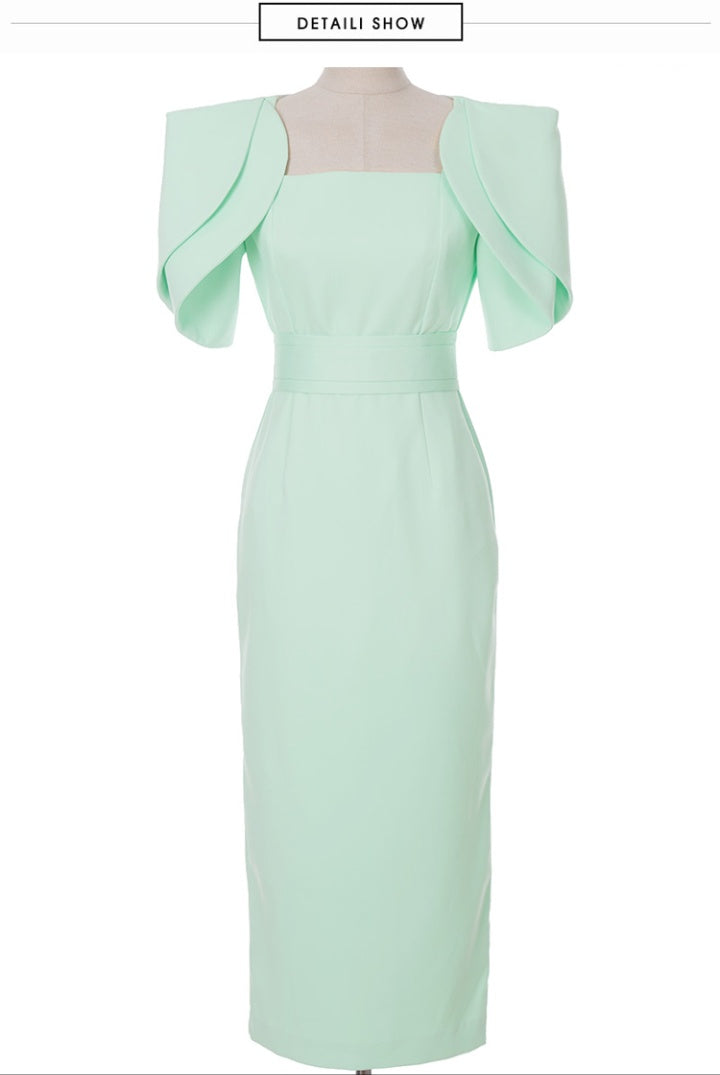 CM-DY071382 Women Elegant European Style Square Collar Lotus Sleeve Midi Dress