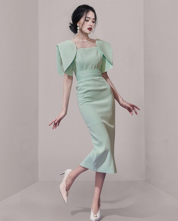 CM-DY071382 Women Elegant European Style Square Collar Lotus Sleeve Midi Dress
