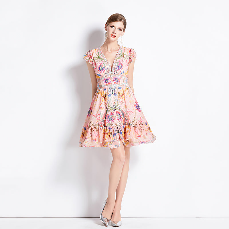 CM-DY072560 Women Elegant European Style Deep V-Neck Sleeveless Mini Dress - Pink