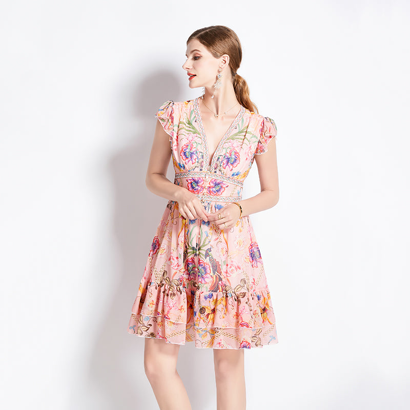 CM-DY072560 Women Elegant European Style Deep V-Neck Sleeveless Mini Dress - Pink