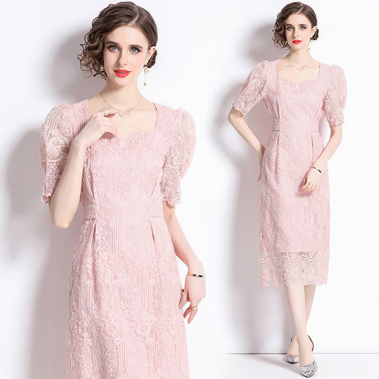 CM-DY073153 Women Elegant European Style Square Collar Short Sleeve Midi Dress - Pink