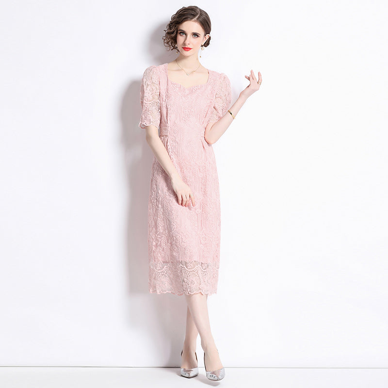 CM-DY073153 Women Elegant European Style Square Collar Short Sleeve Midi Dress - Pink