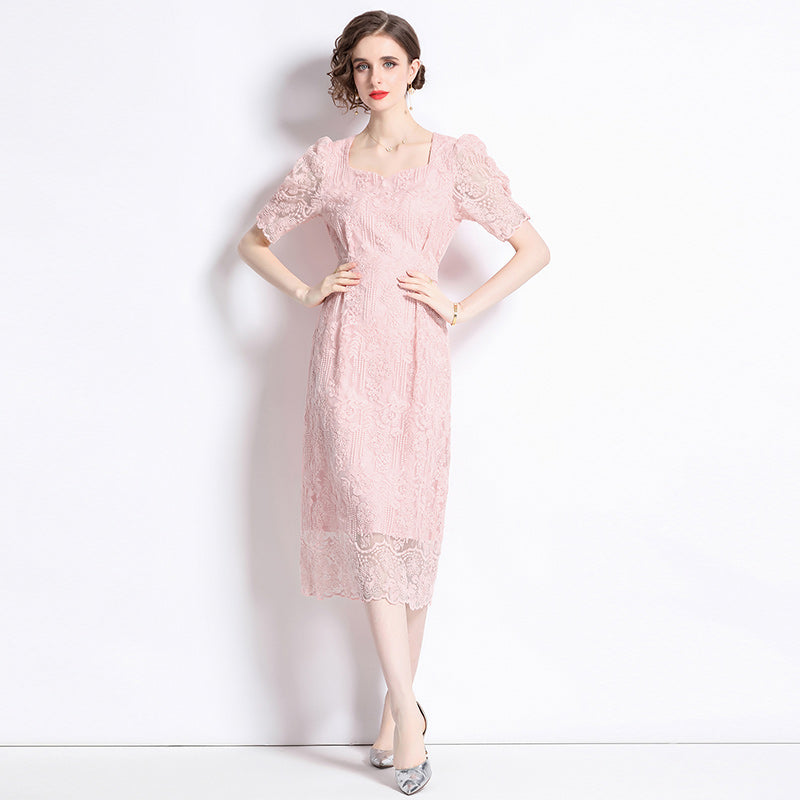 CM-DY073153 Women Elegant European Style Square Collar Short Sleeve Midi Dress - Pink