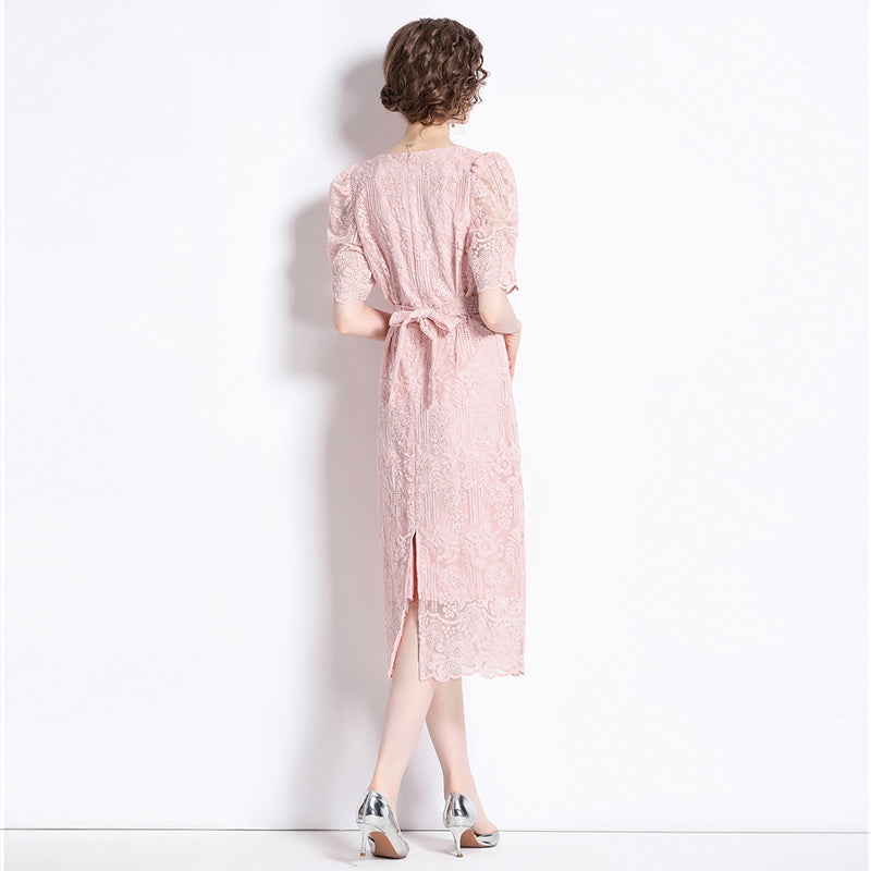 CM-DY073153 Women Elegant European Style Square Collar Short Sleeve Midi Dress - Pink