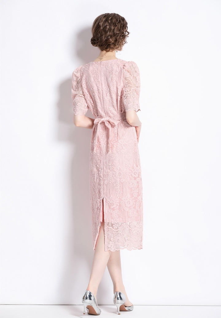 CM-DY073153 Women Elegant European Style Square Collar Short Sleeve Midi Dress - Pink
