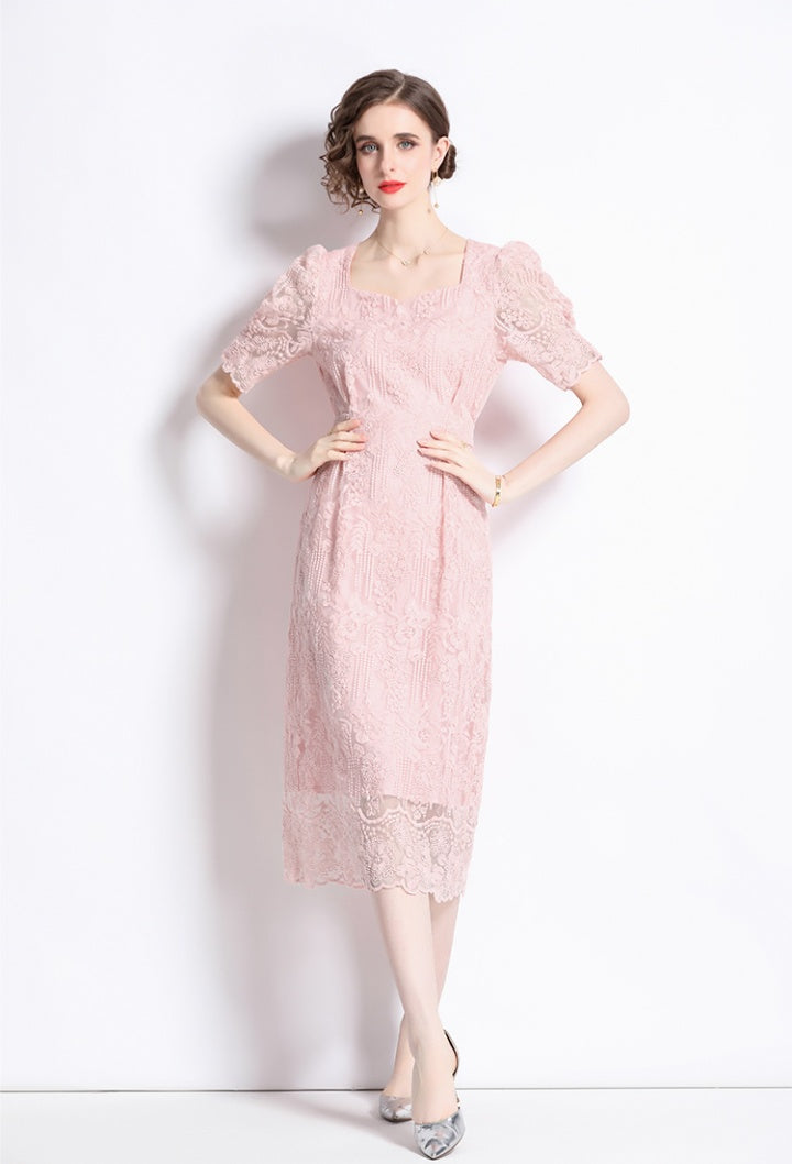 CM-DY073153 Women Elegant European Style Square Collar Short Sleeve Midi Dress - Pink