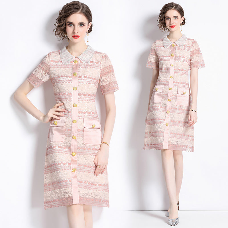 CM-DY073156 Women Elehgant European Style Embroidered Doll Collar Short Sleeve Midi Dress - Pink