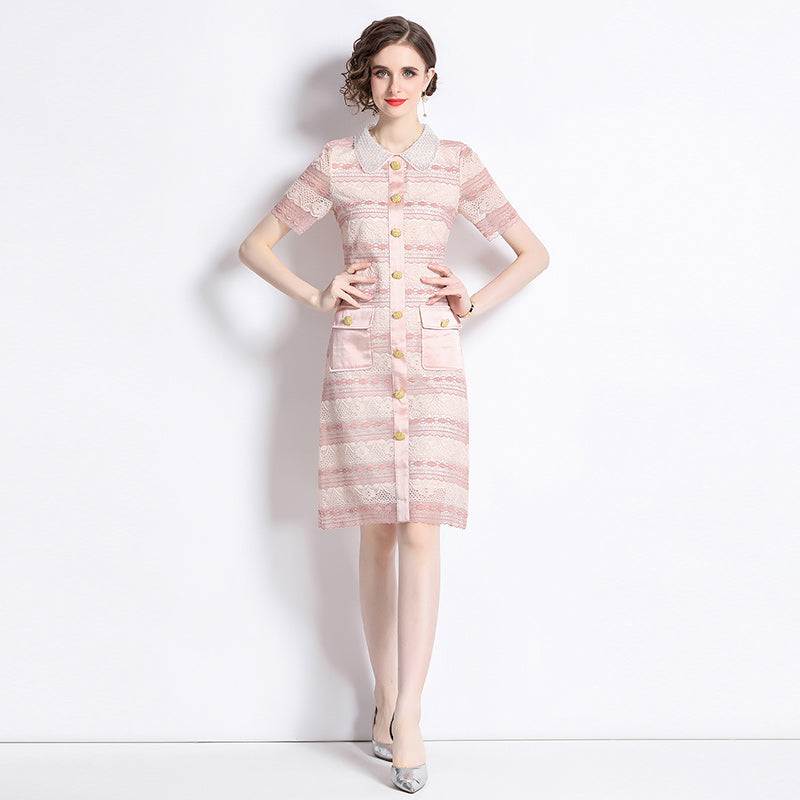 CM-DY073156 Women Elehgant European Style Embroidered Doll Collar Short Sleeve Midi Dress - Pink