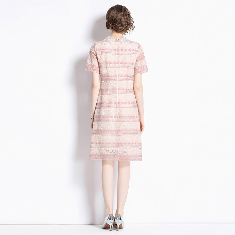 CM-DY073156 Women Elehgant European Style Embroidered Doll Collar Short Sleeve Midi Dress - Pink