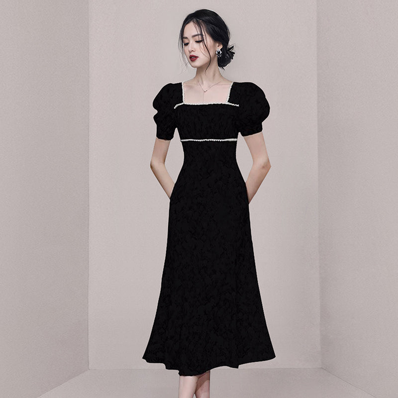 CM-DY073345 Women Elegant European Style Square Collar Puff Sleeve Slim Dress - Black