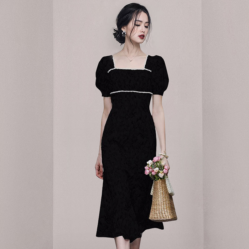 CM-DY073345 Women Elegant European Style Square Collar Puff Sleeve Slim Dress - Black
