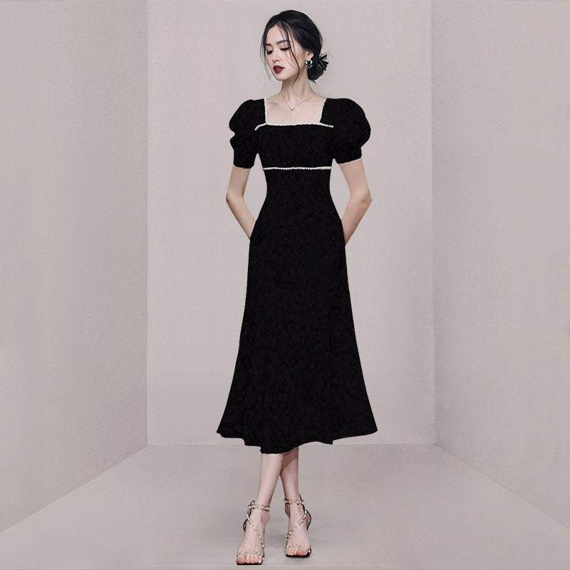 CM-DY073345 Women Elegant European Style Square Collar Puff Sleeve Slim Dress - Black