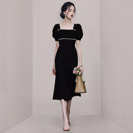 CM-DY073345 Women Elegant European Style Square Collar Puff Sleeve Slim Dress - Black