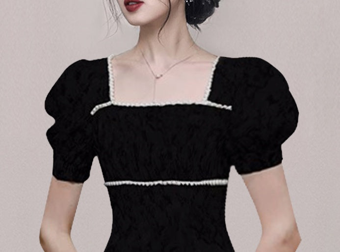CM-DY073345 Women Elegant European Style Square Collar Puff Sleeve Slim Dress - Black
