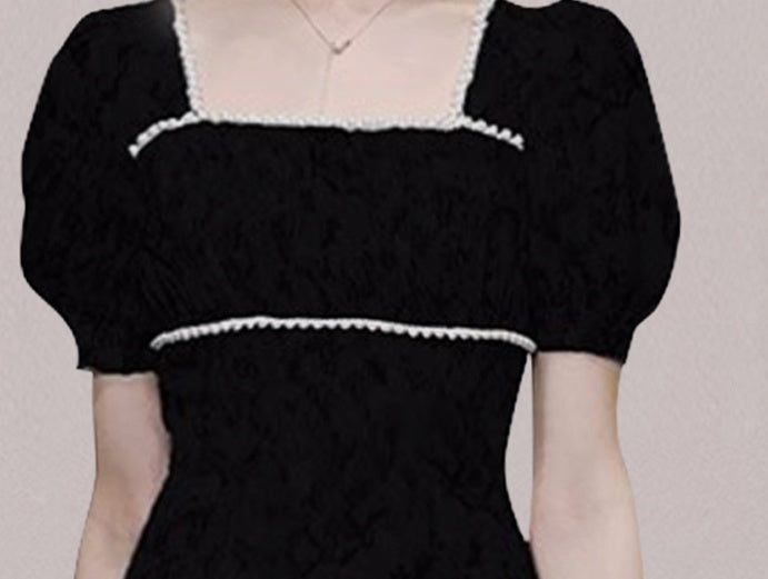 CM-DY073345 Women Elegant European Style Square Collar Puff Sleeve Slim Dress - Black