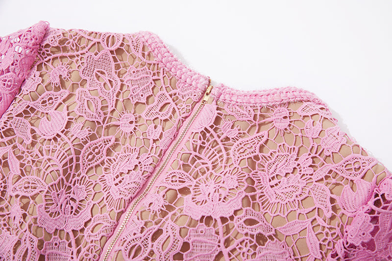 CM-DY073514 Women Elegant European Style Temperament Hollow Hip Lace Dress - Pink
