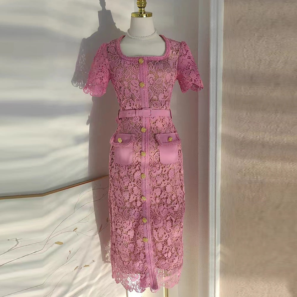 CM-DY073514 Women Elegant European Style Temperament Hollow Hip Lace Dress - Pink