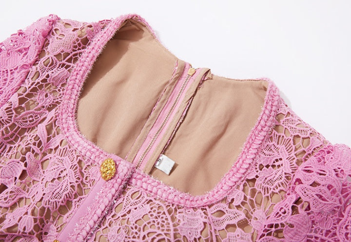CM-DY073514 Women Elegant European Style Temperament Hollow Hip Lace Dress - Pink