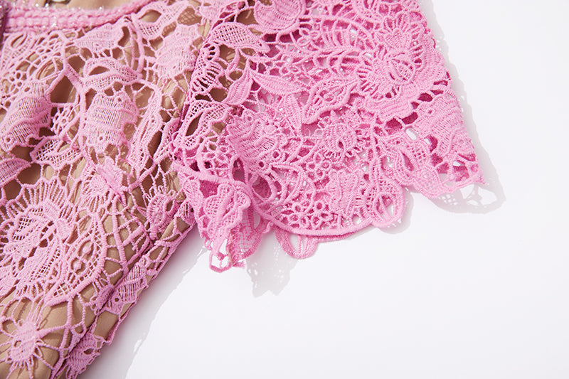 CM-DY073514 Women Elegant European Style Lace Hollow Out Square Collar Short Sleeve High Waist Belted Midi Dress - Pink