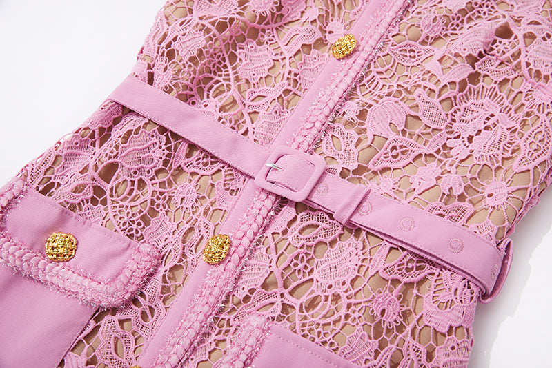 CM-DY073514 Women Elegant European Style Temperament Hollow Hip Lace Dress - Pink