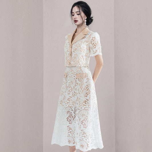 CM-SY074242 Women Elegant European Style Lace Short Sleeve Top With Maxi Skirt - Set