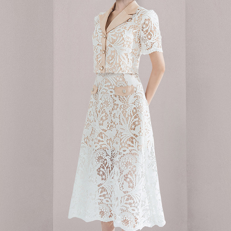 CM-SY074242 Women Elegant European Style Lace Short Sleeve Top With Maxi Skirt - Set