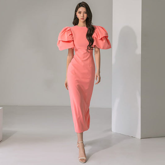 CM-DY074244 Women Elegant Seoul Style Round Neck Short Sleeve Slim Midi Dress