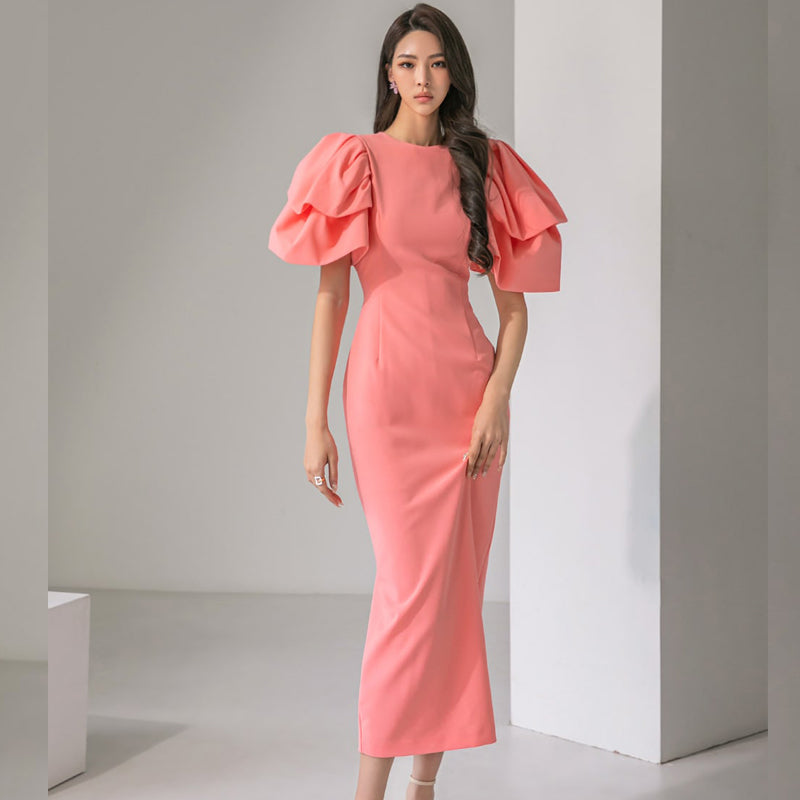 CM-DY074244 Women Elegant Seoul Style Round Neck Short Sleeve Slim Midi Dress