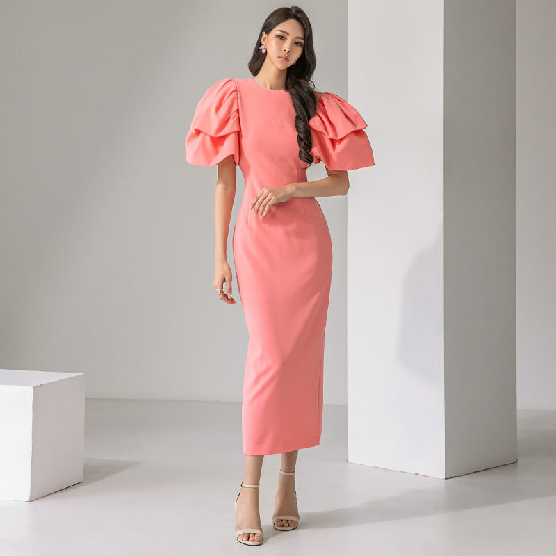 CM-DY074244 Women Elegant Seoul Style Round Neck Short Sleeve Slim Midi Dress